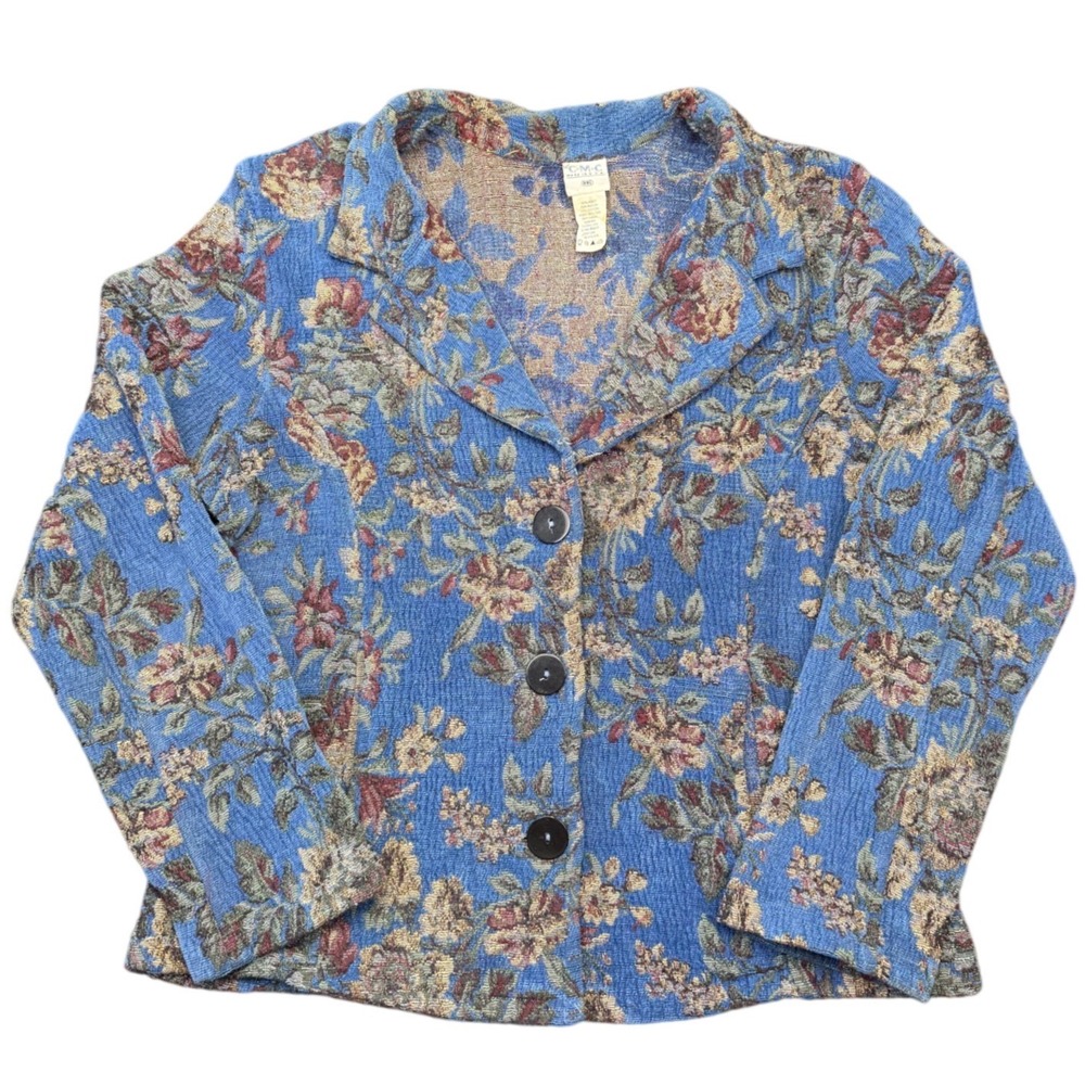 CMC Vintage Cottagecore Floral‎ Tapestry Jacket Womens XXL Made USA Blue
